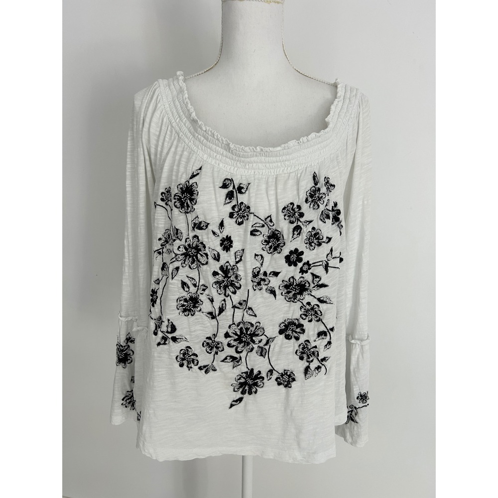 Anthropologie Floral Embroidered Peasant Top White Black Smocked Bell Sleeve XL